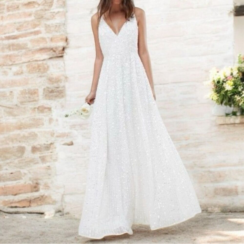 NWT ASOS Ivory Sequined Beaded Josie Backless Cami Maxi Wedding Dress Size 6 NEW